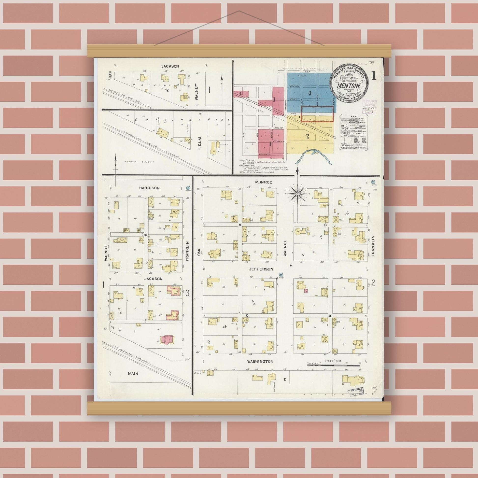 Old map wall art mockup — magnetic wood frame on brick wall — Sanborn Fire Insurance Map from Mentone, Kosciusko County, Indiana (1907) - Complete Map Set