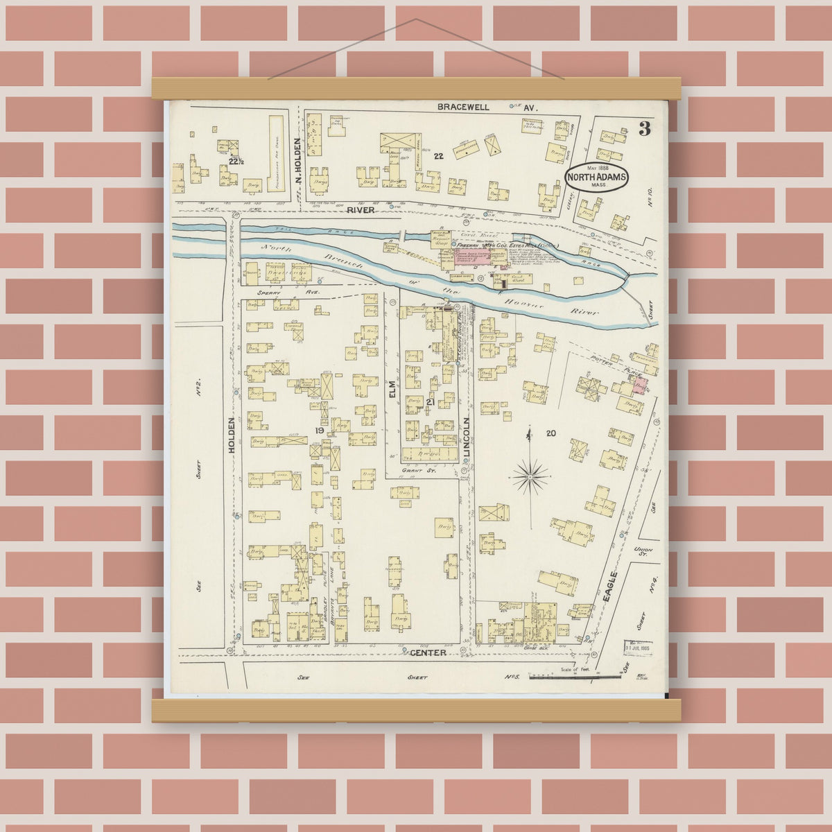 Old map wall art mockup — magnetic wood frame on brick wall — Sanborn Fire Insurance Map from North Adams, Berkshire County, Massachusetts (1888), Sheet #0003