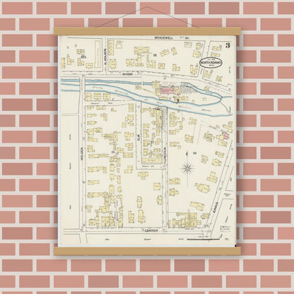 Old map wall art mockup — magnetic wood frame on brick wall — Sanborn Fire Insurance Map from North Adams, Berkshire County, Massachusetts (1888), Sheet #0003