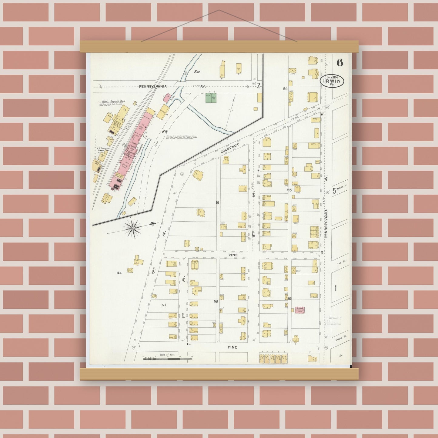 Old map wall art mockup — magnetic wood frame on brick wall — Sanborn Fire Insurance Map from Irwin, Westmoreland County, Pennsylvania (1904), Sheet #0006