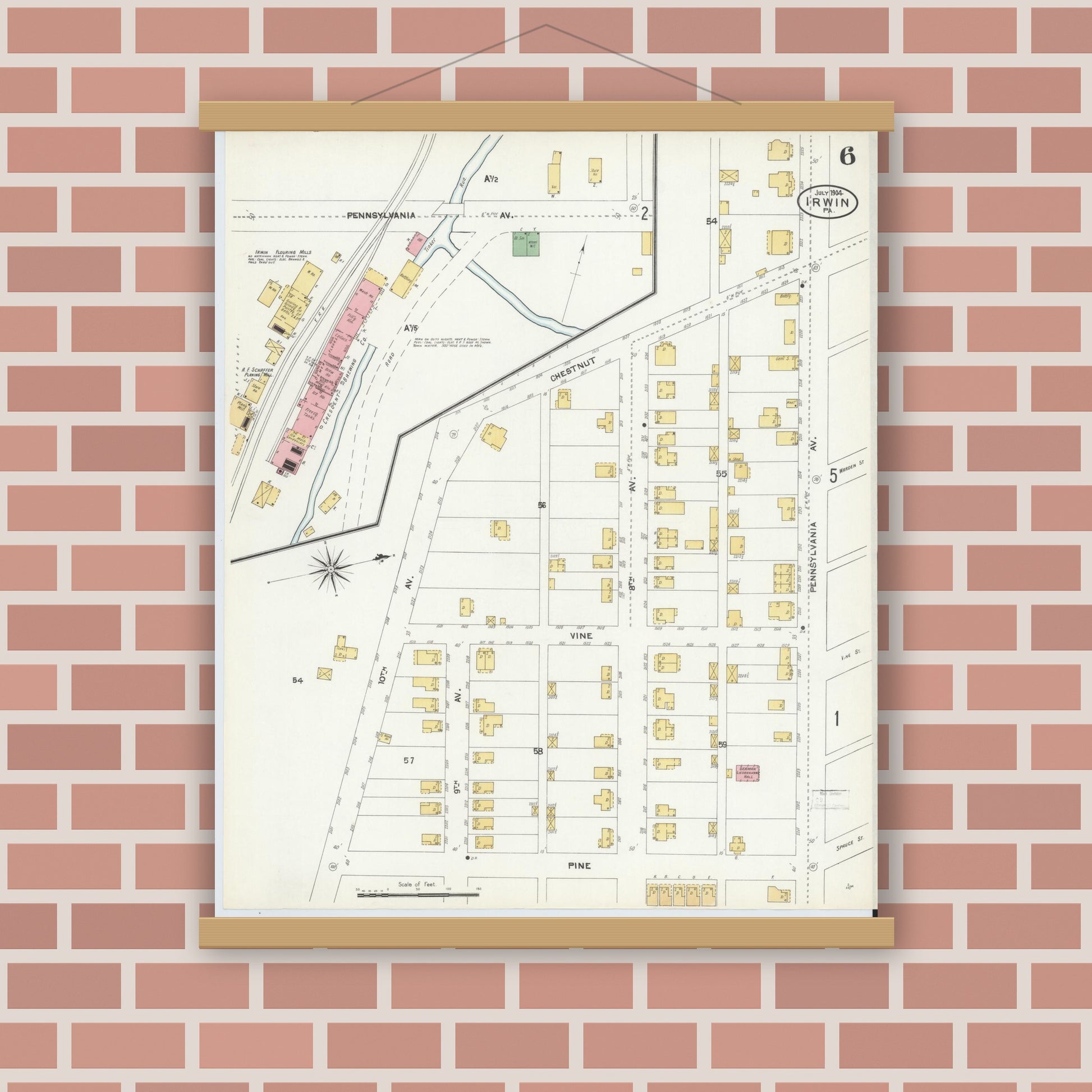 Old map wall art mockup — magnetic wood frame on brick wall — Sanborn Fire Insurance Map from Irwin, Westmoreland County, Pennsylvania (1904), Sheet #0006