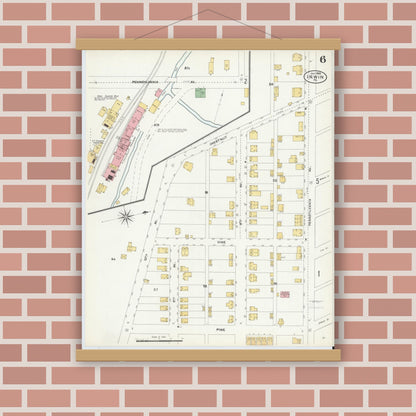 Old map wall art mockup — magnetic wood frame on brick wall — Sanborn Fire Insurance Map from Irwin, Westmoreland County, Pennsylvania (1904), Sheet #0006