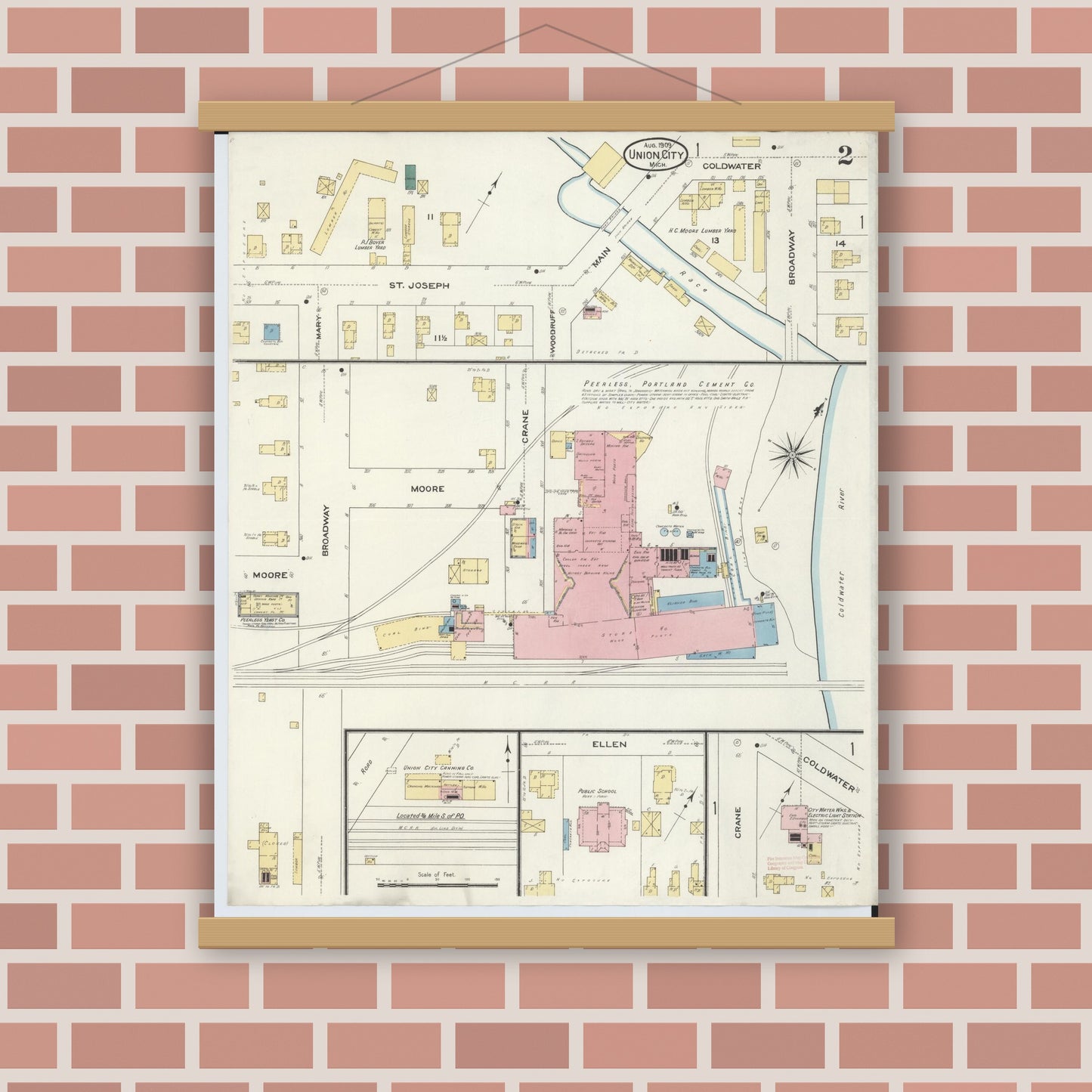Old map wall art mockup — magnetic wood frame on brick wall — Sanborn Fire Insurance Map from Union City, Branch And Calhoun Counties, Michigan (1909), Sheet #0002