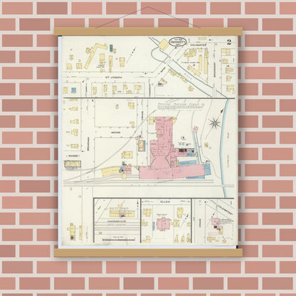Old map wall art mockup — magnetic wood frame on brick wall — Sanborn Fire Insurance Map from Union City, Branch And Calhoun Counties, Michigan (1909), Sheet #0002