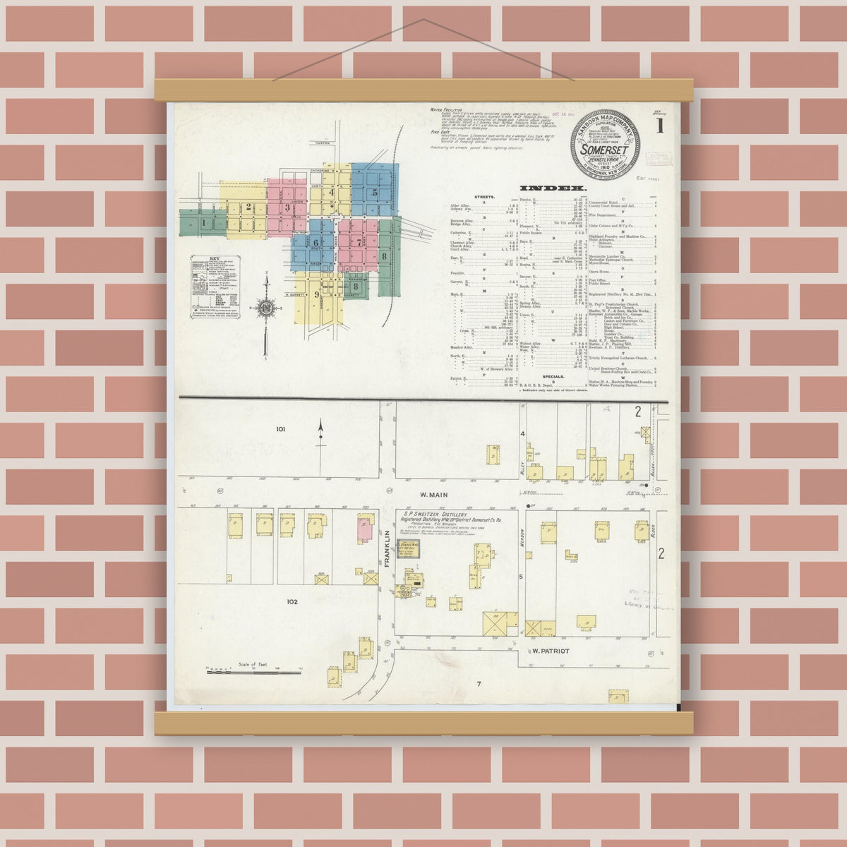 Old map wall art mockup — magnetic wood frame on brick wall — Sanborn Fire Insurance Map from Somerset, Somerset County, Pennsylvania (1910) - Complete Map Set