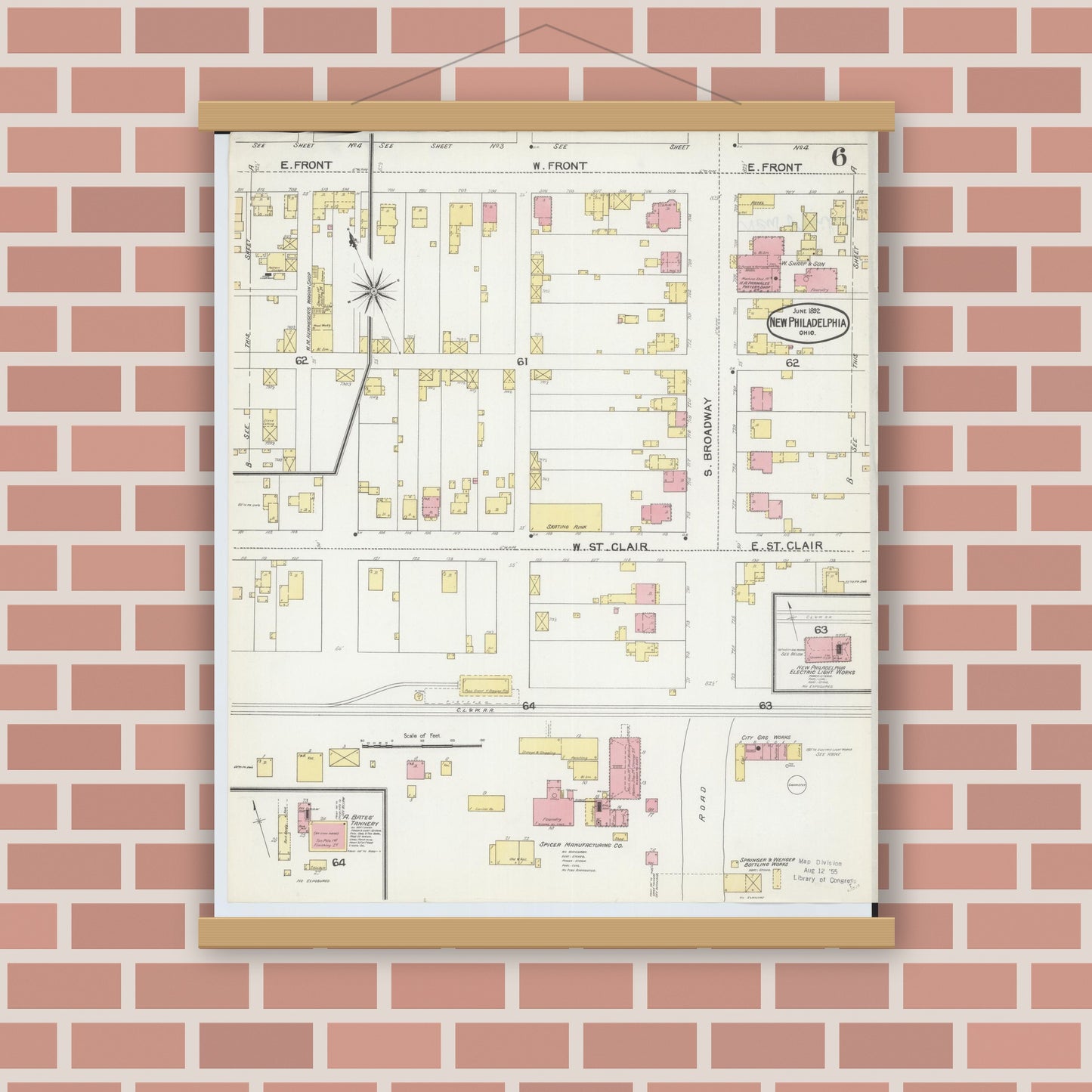 Old map wall art mockup — magnetic wood frame on brick wall — Sanborn Fire Insurance Map from New Philadelphia, Tuscarawas County, Ohio (1892), Sheet #0006