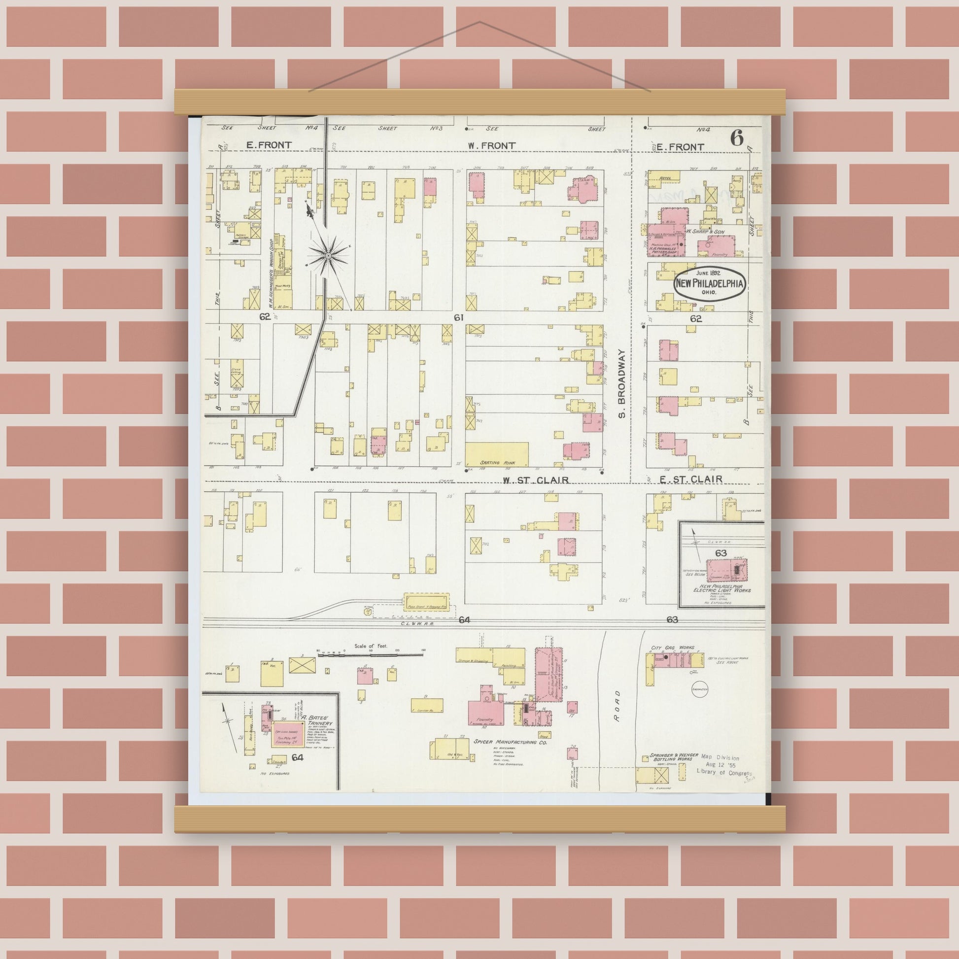 Old map wall art mockup — magnetic wood frame on brick wall — Sanborn Fire Insurance Map from New Philadelphia, Tuscarawas County, Ohio (1892), Sheet #0006