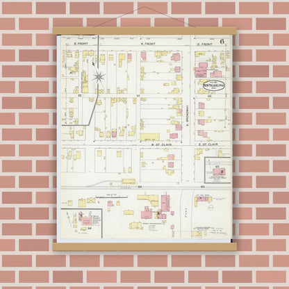 Old map wall art mockup — magnetic wood frame on brick wall — Sanborn Fire Insurance Map from New Philadelphia, Tuscarawas County, Ohio (1892), Sheet #0006