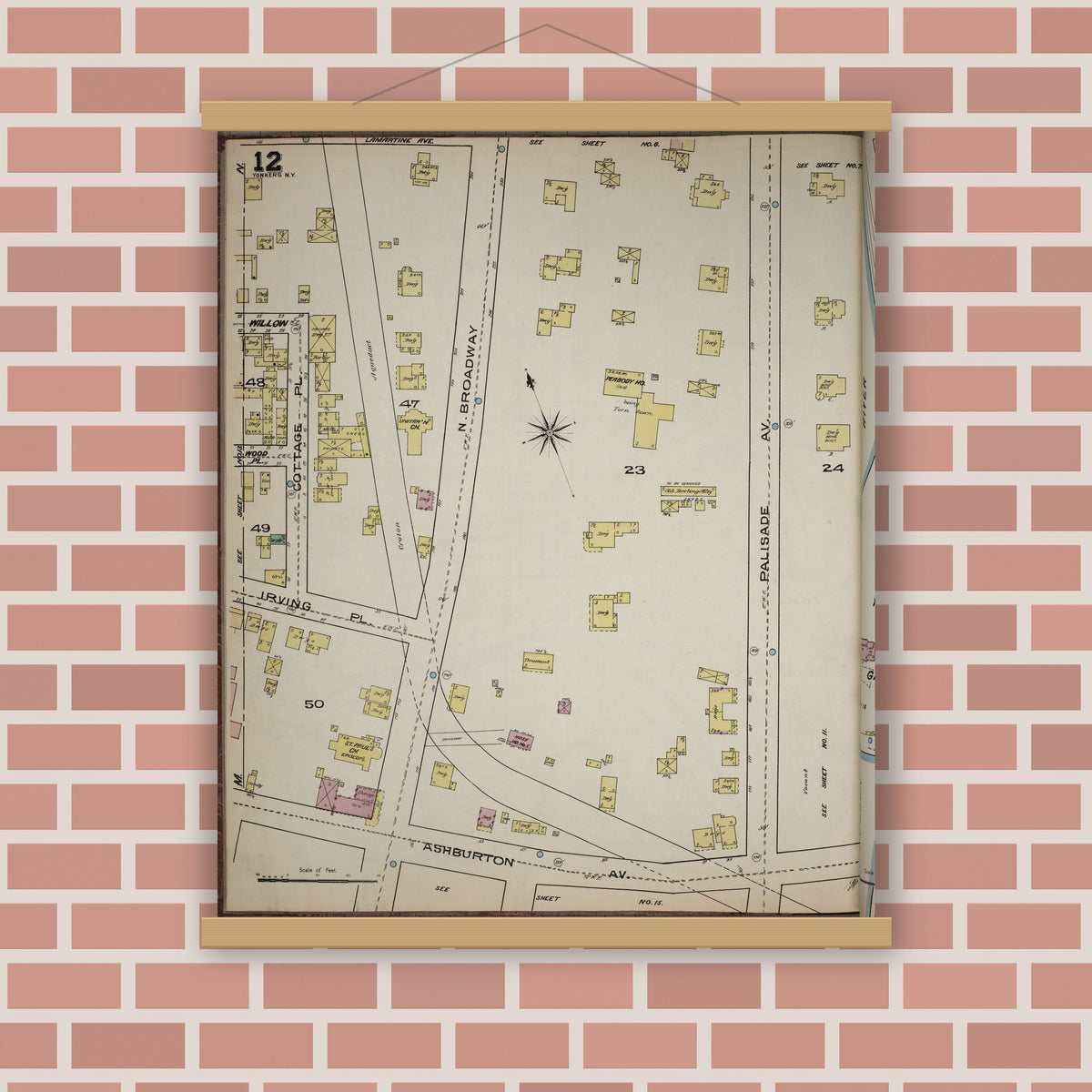 Old map wall art mockup — magnetic wood frame on brick wall — Sanborn Fire Insurance Map from Yonkers, Westchester County, New York (1886), Sheet #0012