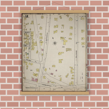 Old map wall art mockup — magnetic wood frame on brick wall — Sanborn Fire Insurance Map from Yonkers, Westchester County, New York (1886), Sheet #0012