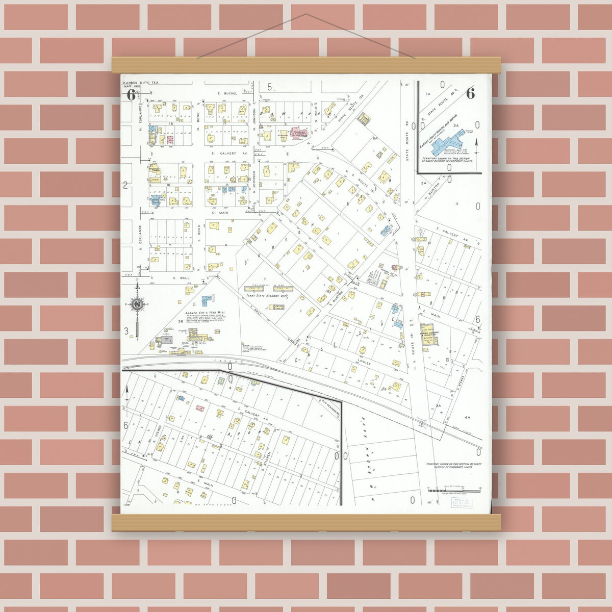 Old map wall art mockup — magnetic wood frame on brick wall — Sanborn Fire Insurance Map from Karnes City, Karnes County, Texas (1951), Sheet #0006