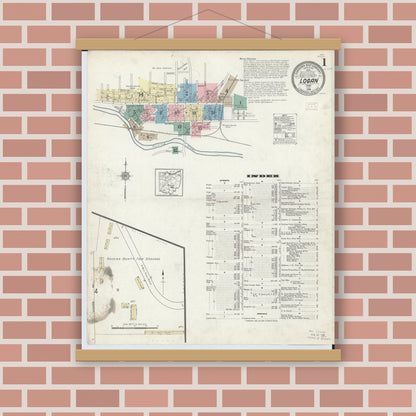 Old map wall art mockup — magnetic wood frame on brick wall — Sanborn Fire Insurance Map from Logan, Hocking County, Ohio (1914), Sheet #0001