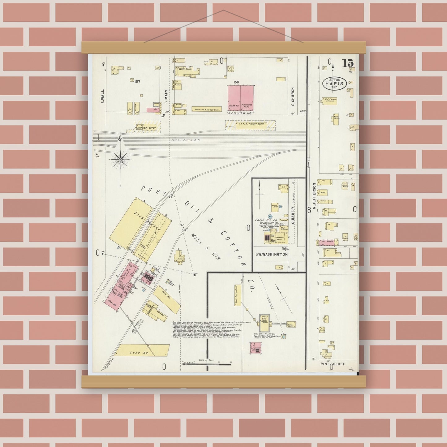 Old map wall art mockup — magnetic wood frame on brick wall — Sanborn Fire Insurance Map from Paris, Lamar County, Texas (1897), Sheet #0015