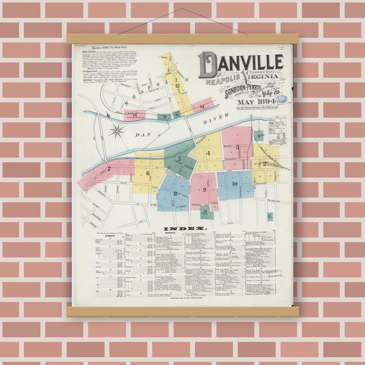 Old map wall art mockup — magnetic wood frame on brick wall — Sanborn Fire Insurance Map from Danville, Independent Cities, Virginia (1894) - Complete Map Set