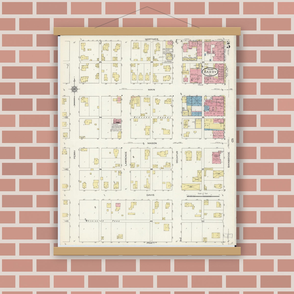 Old map wall art mockup — magnetic wood frame on brick wall — Sanborn Fire Insurance Map from Barry, Pike County, Illinois (1913), Sheet #0005