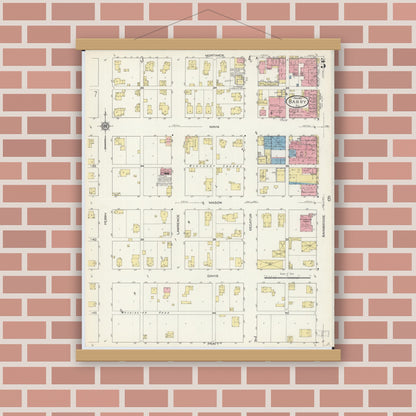 Old map wall art mockup — magnetic wood frame on brick wall — Sanborn Fire Insurance Map from Barry, Pike County, Illinois (1913), Sheet #0005