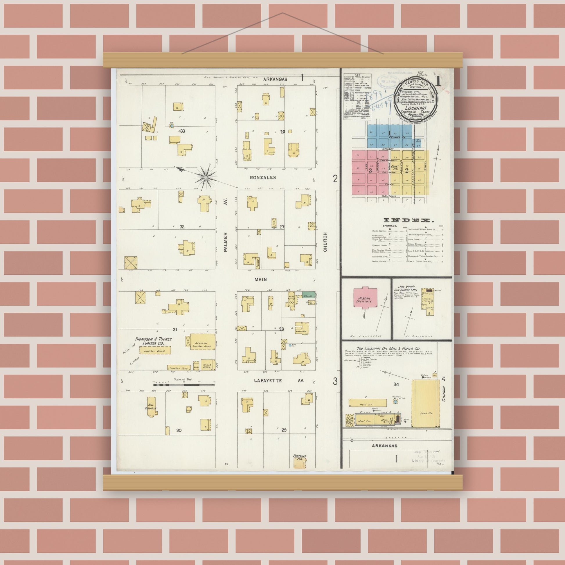 Old map wall art mockup — magnetic wood frame on brick wall — Sanborn Fire Insurance Map from Lockhart, Caldwell County, Texas (1898), Sheet #0001
