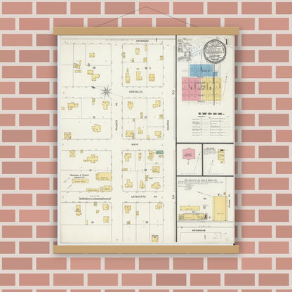 Old map wall art mockup — magnetic wood frame on brick wall — Sanborn Fire Insurance Map from Lockhart, Caldwell County, Texas (1898), Sheet #0001