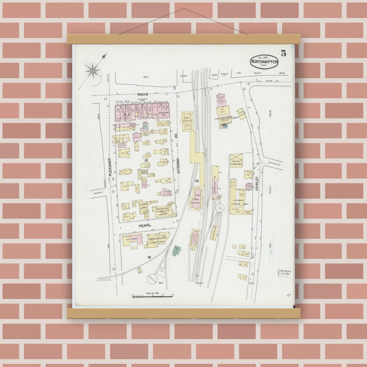 Old map wall art mockup — magnetic wood frame on brick wall — Sanborn Fire Insurance Map from Northampton, Hampshire County, Massachusetts (1889), Sheet #0005