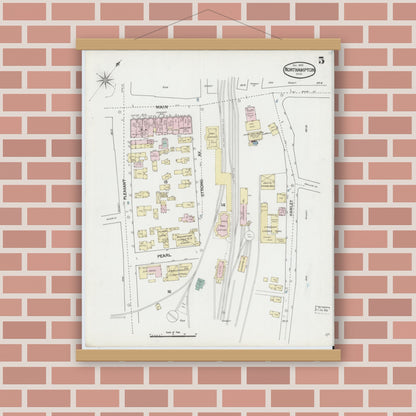 Old map wall art mockup — magnetic wood frame on brick wall — Sanborn Fire Insurance Map from Northampton, Hampshire County, Massachusetts (1889), Sheet #0005
