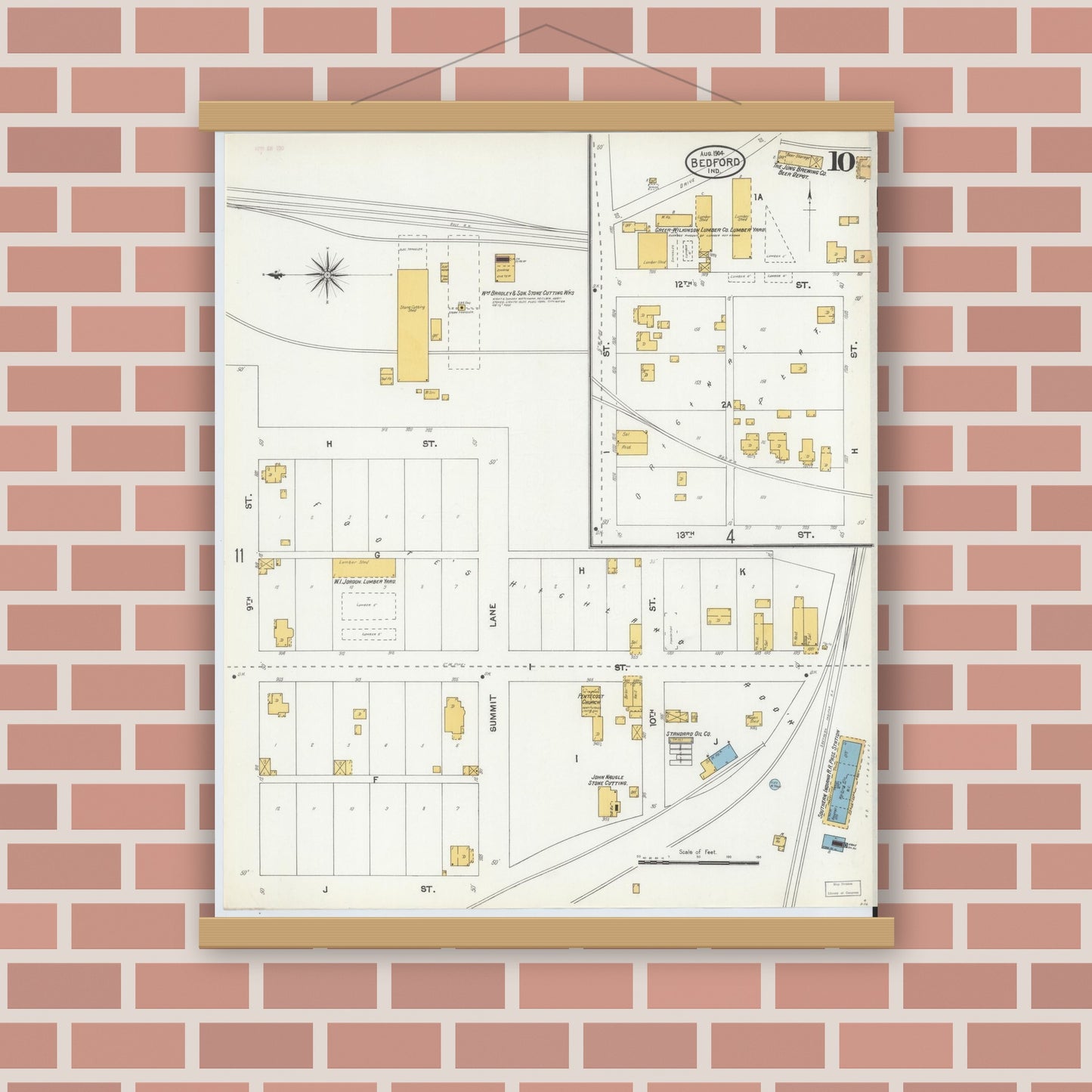 Old map wall art mockup — magnetic wood frame on brick wall — Sanborn Fire Insurance Map from Bedford, Lawrence County, Indiana (1904), Sheet #0010