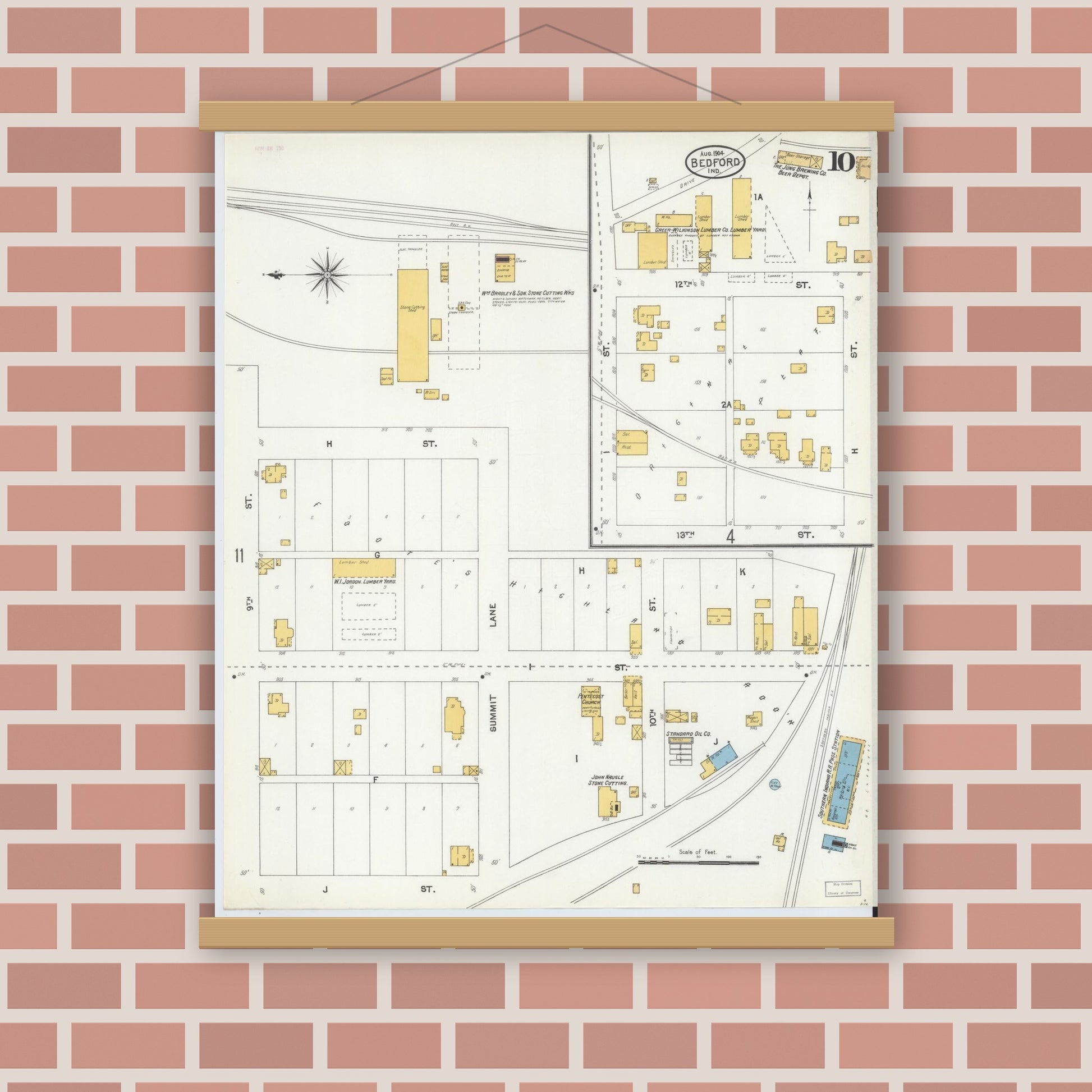 Old map wall art mockup — magnetic wood frame on brick wall — Sanborn Fire Insurance Map from Bedford, Lawrence County, Indiana (1904), Sheet #0010