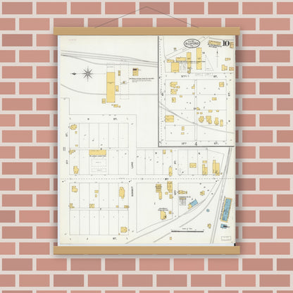 Old map wall art mockup — magnetic wood frame on brick wall — Sanborn Fire Insurance Map from Bedford, Lawrence County, Indiana (1904), Sheet #0010