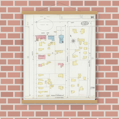 Old map wall art mockup — magnetic wood frame on brick wall — Sanborn Fire Insurance Map from Pittsfield, Berkshire County, Massachusetts (1895), Sheet #0014