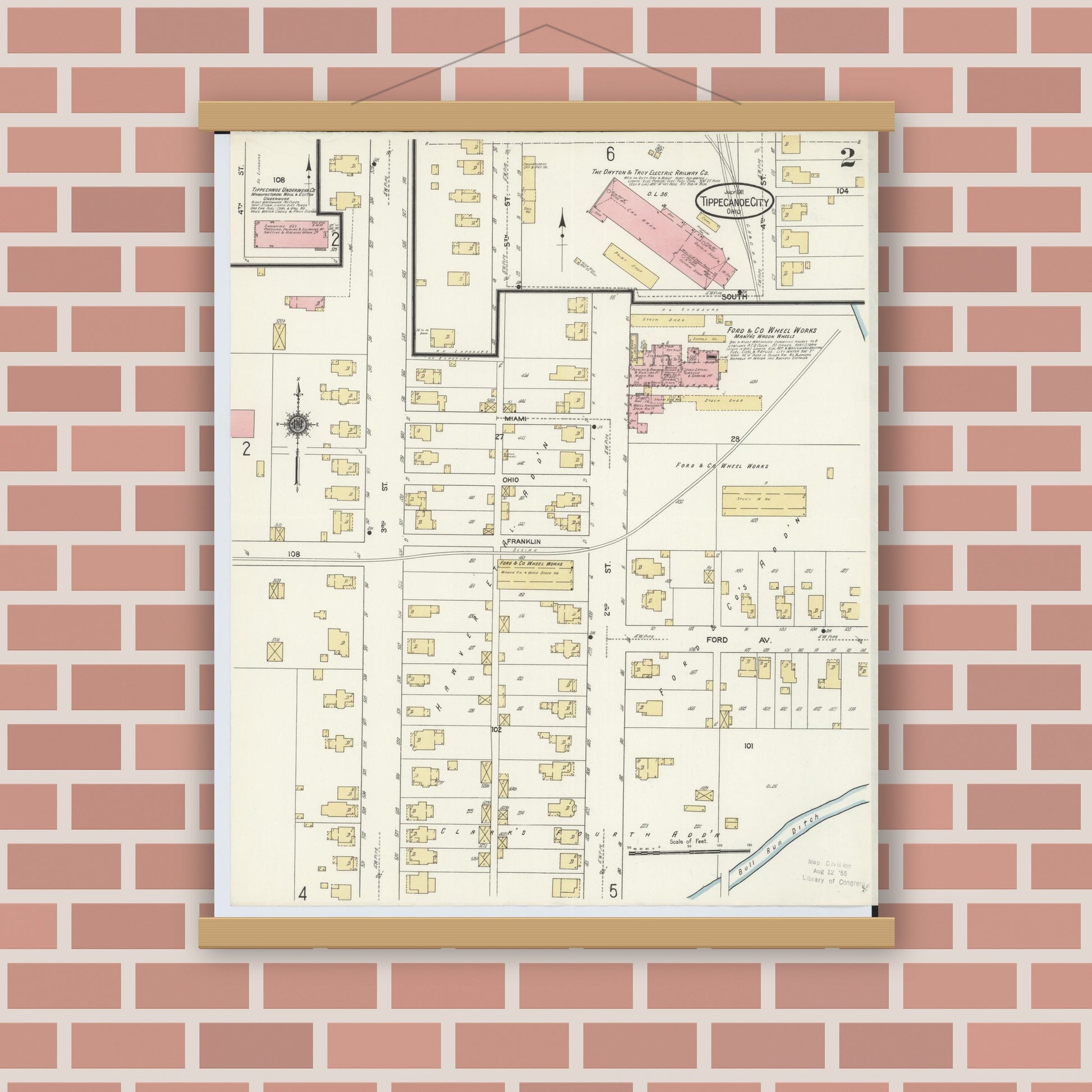Old map wall art mockup — magnetic wood frame on brick wall — Sanborn Fire Insurance Map from Tipp City, Miami County, Ohio (1911), Sheet #0002