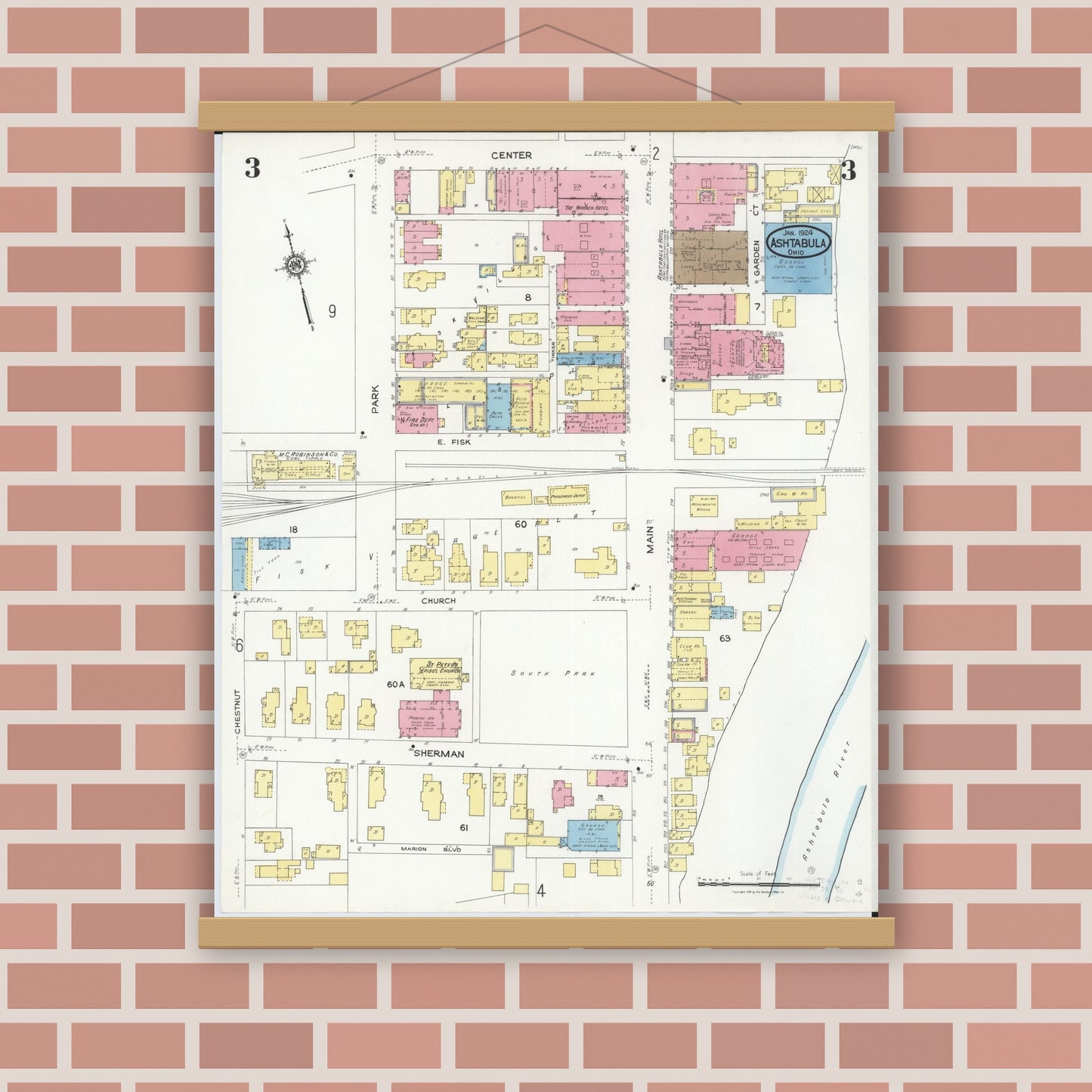 Old map wall art mockup — magnetic wood frame on brick wall — Sanborn Fire Insurance Map from Ashtabula, Ashtabula County, Ohio (1924), Sheet #0003