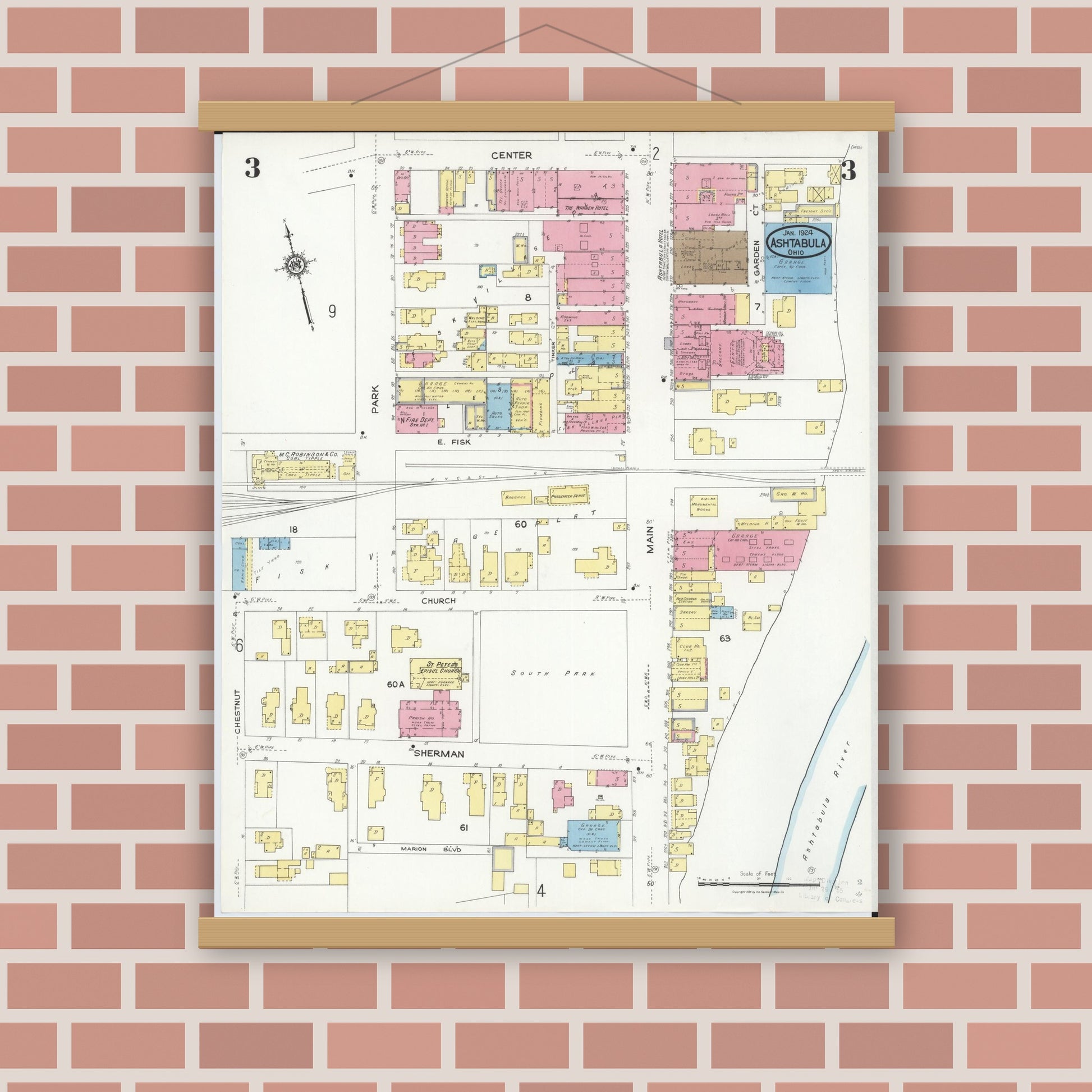 Old map wall art mockup — magnetic wood frame on brick wall — Sanborn Fire Insurance Map from Ashtabula, Ashtabula County, Ohio (1924), Sheet #0003