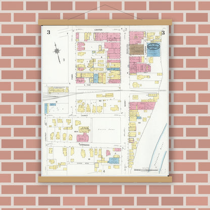 Old map wall art mockup — magnetic wood frame on brick wall — Sanborn Fire Insurance Map from Ashtabula, Ashtabula County, Ohio (1924), Sheet #0003