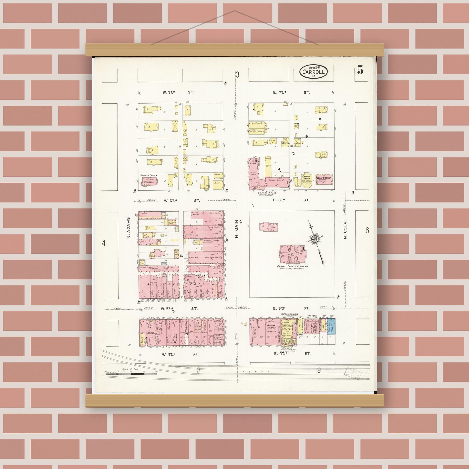 Old map wall art mockup — magnetic wood frame on brick wall — Sanborn Fire Insurance Map from Carroll, Carroll County, Iowa (1915), Sheet #0005