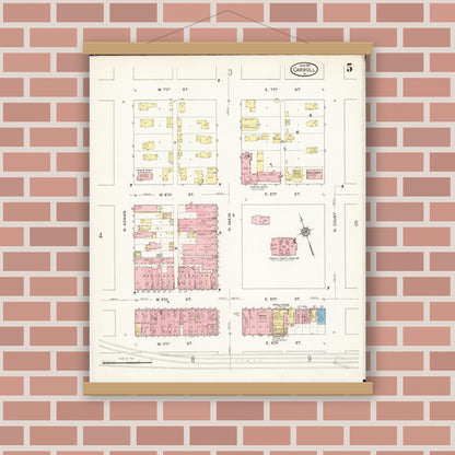 Old map wall art mockup — magnetic wood frame on brick wall — Sanborn Fire Insurance Map from Carroll, Carroll County, Iowa (1915), Sheet #0005