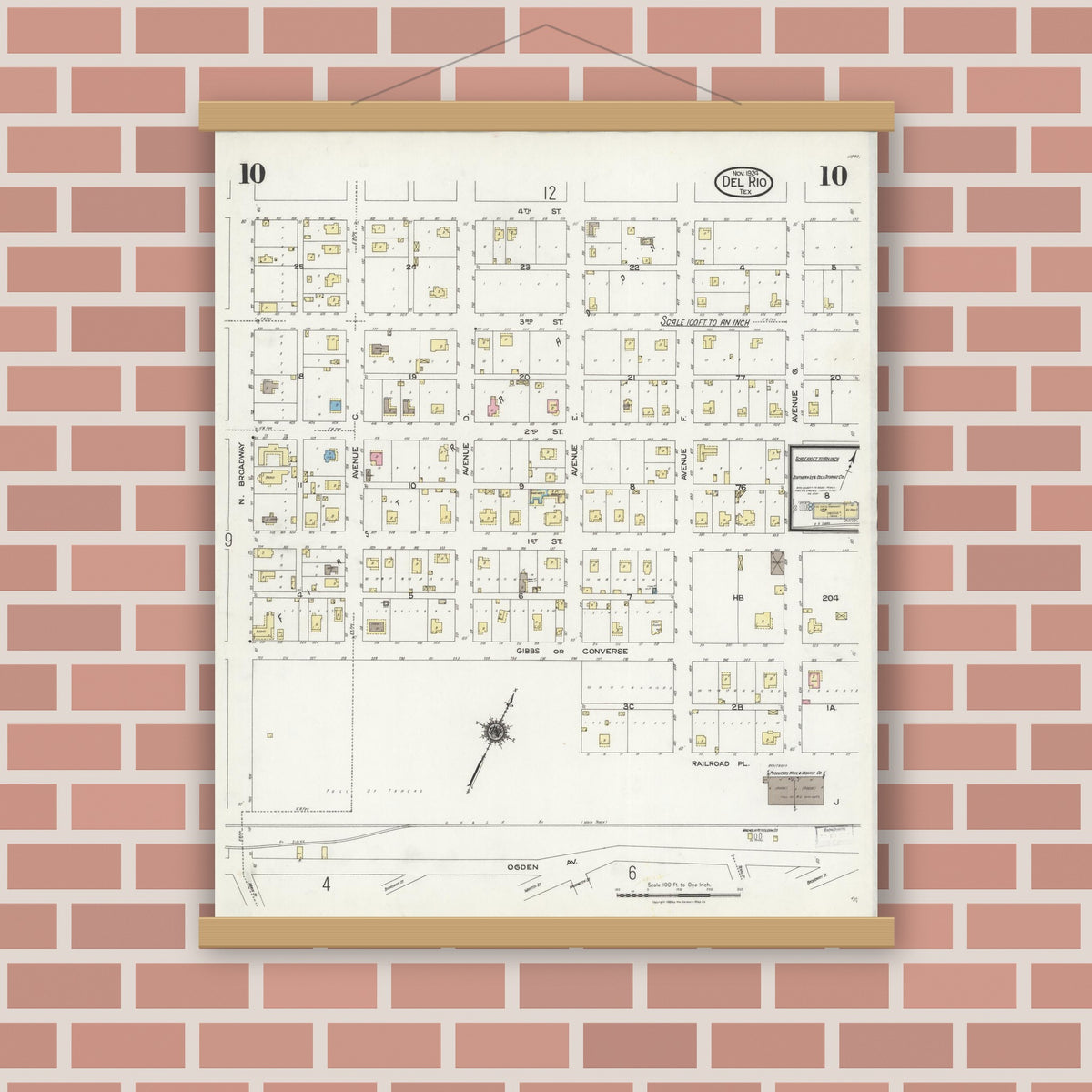 Old map wall art mockup — magnetic wood frame on brick wall — Sanborn Fire Insurance Map from Del Rio, Val Verde County, Texas (1924), Sheet #0010