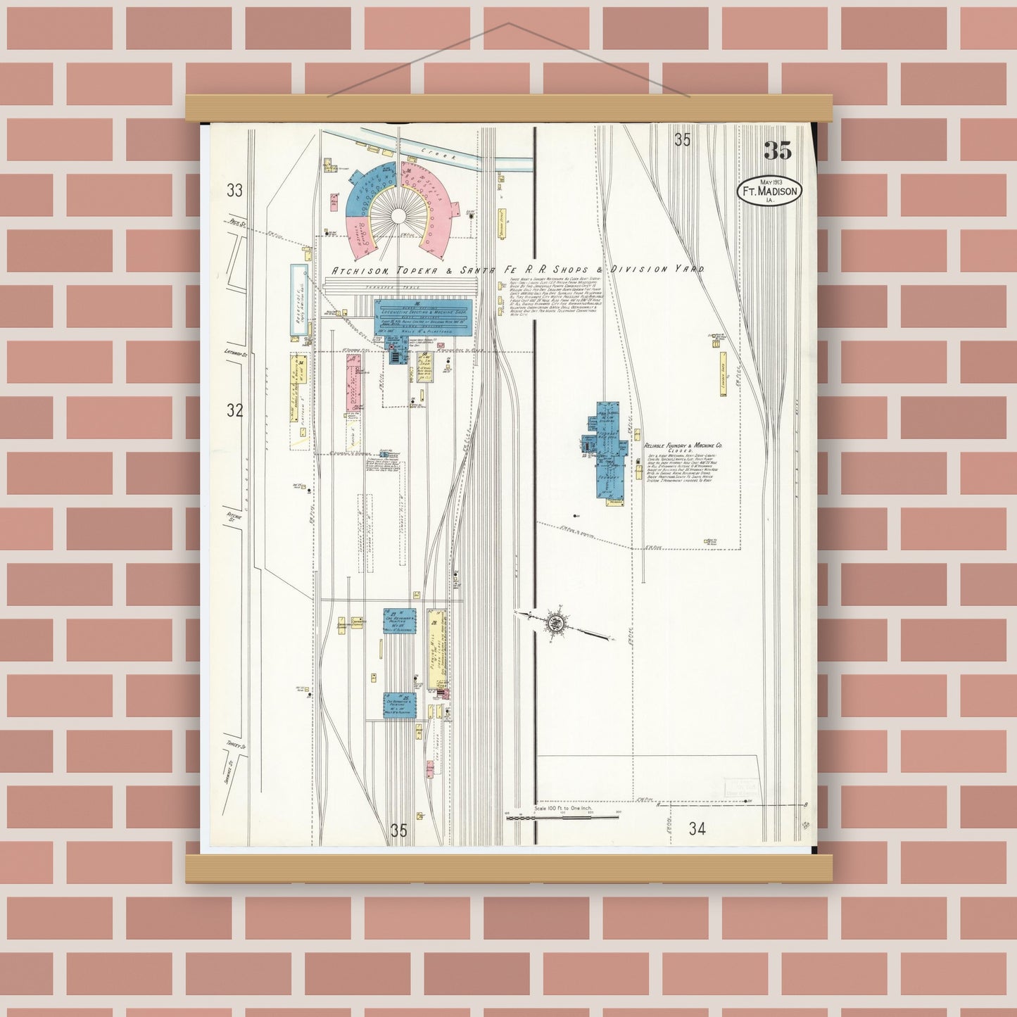 Old map wall art mockup — magnetic wood frame on brick wall — Sanborn Fire Insurance Map from Fort Madison, Lee County, Iowa (1913), Sheet #0035