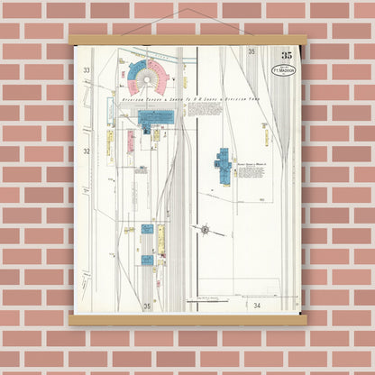 Old map wall art mockup — magnetic wood frame on brick wall — Sanborn Fire Insurance Map from Fort Madison, Lee County, Iowa (1913), Sheet #0035
