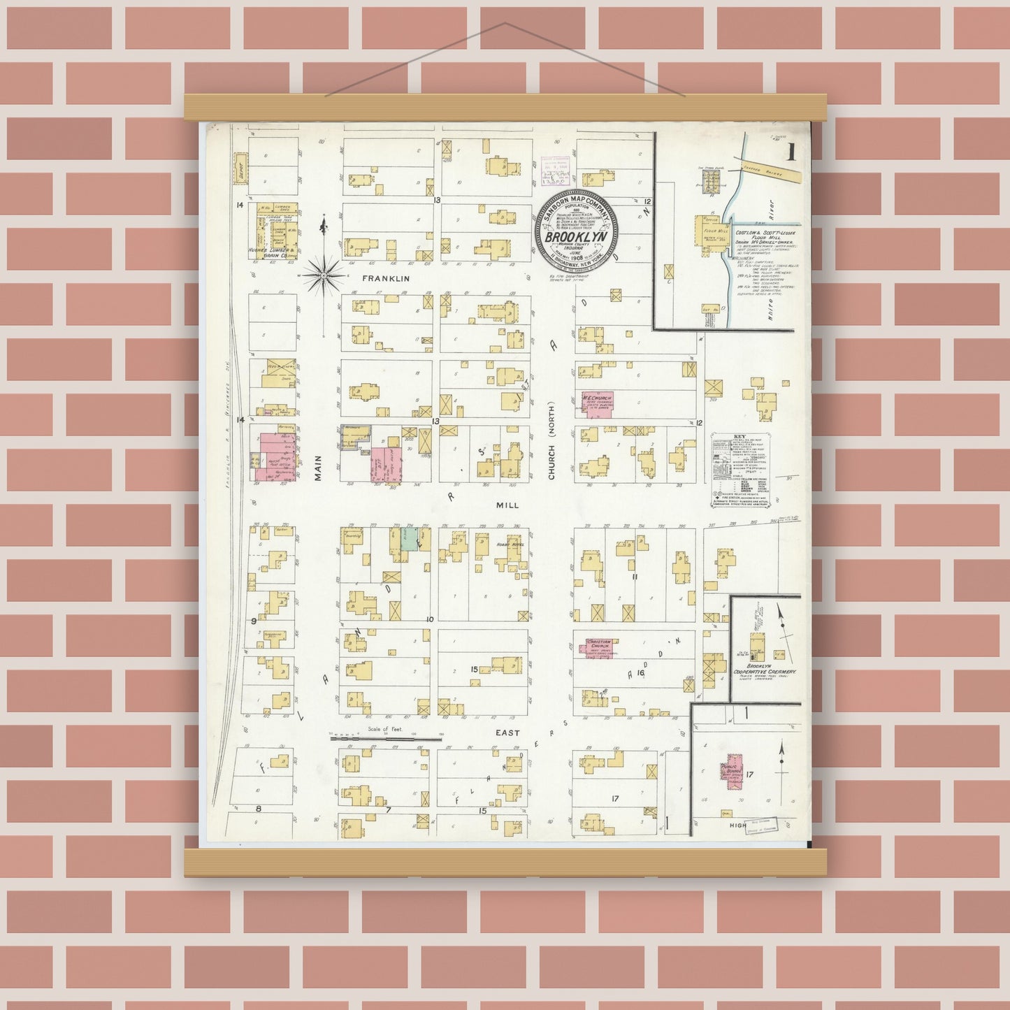 Old map wall art mockup — magnetic wood frame on brick wall — Sanborn Fire Insurance Map from Brooklyn, Morgan County, Indiana (1908) - Complete Map Set
