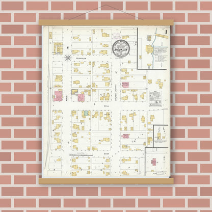Old map wall art mockup — magnetic wood frame on brick wall — Sanborn Fire Insurance Map from Brooklyn, Morgan County, Indiana (1908) - Complete Map Set