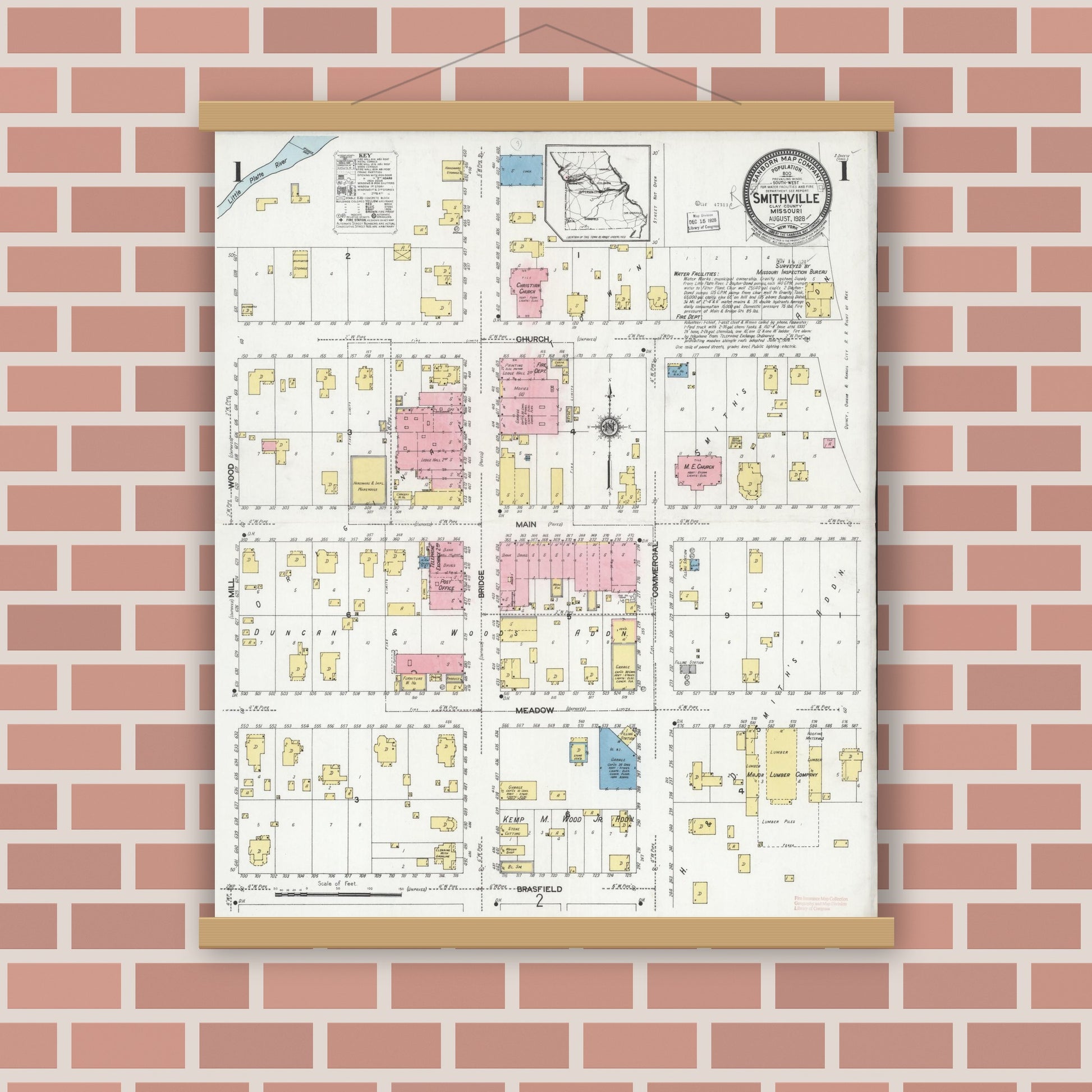 Old map wall art mockup — magnetic wood frame on brick wall — Sanborn Fire Insurance Map from Smithville, Clay County, Missouri (1928) - Complete Map Set