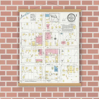 Old map wall art mockup — magnetic wood frame on brick wall — Sanborn Fire Insurance Map from Smithville, Clay County, Missouri (1928) - Complete Map Set