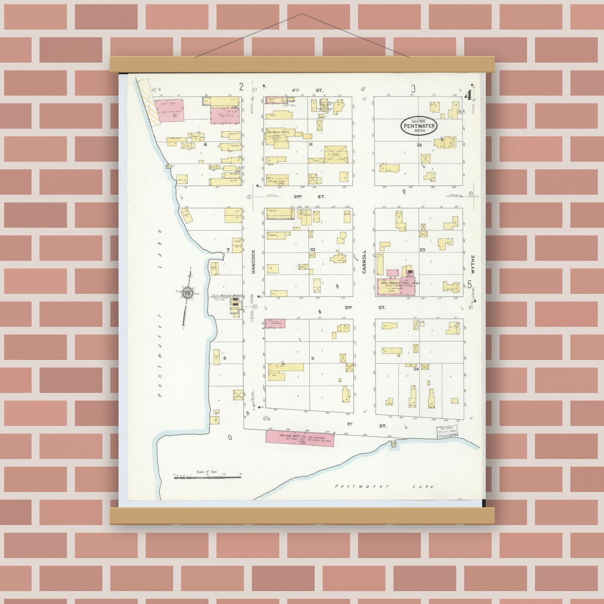 Old map wall art mockup — magnetic wood frame on brick wall — Sanborn Fire Insurance Map from Pentwater, Oceana County, Michigan (1910), Sheet #0004