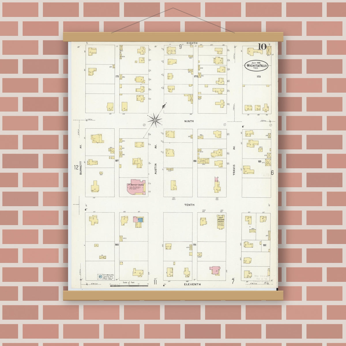 Old map wall art mockup — magnetic wood frame on brick wall — Sanborn Fire Insurance Map from Wichita Falls, Wichita County, Texas (1908), Sheet #0010