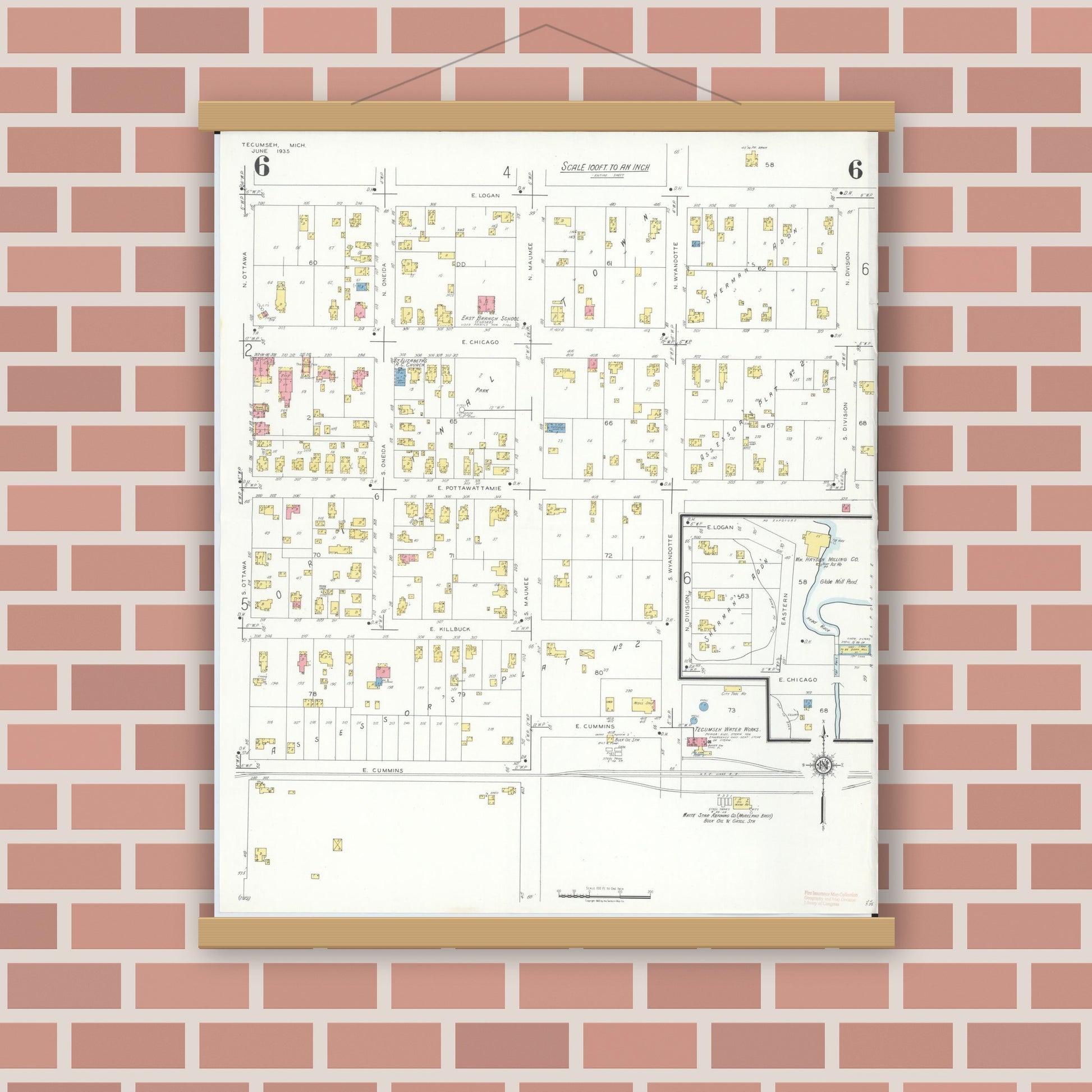 Old map wall art mockup — magnetic wood frame on brick wall — Sanborn Fire Insurance Map from Tecumseh, Lenawee County, Michigan (1935), Sheet #0006