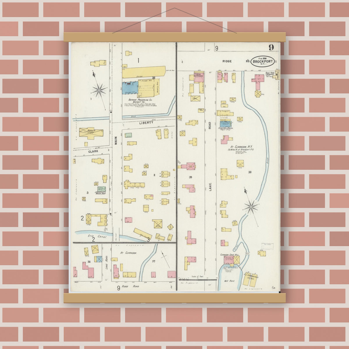 Old map wall art mockup — magnetic wood frame on brick wall — Sanborn Fire Insurance Map from Brockport, Monroe County, New York (1898), Sheet #0009