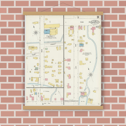 Old map wall art mockup — magnetic wood frame on brick wall — Sanborn Fire Insurance Map from Brockport, Monroe County, New York (1898), Sheet #0009