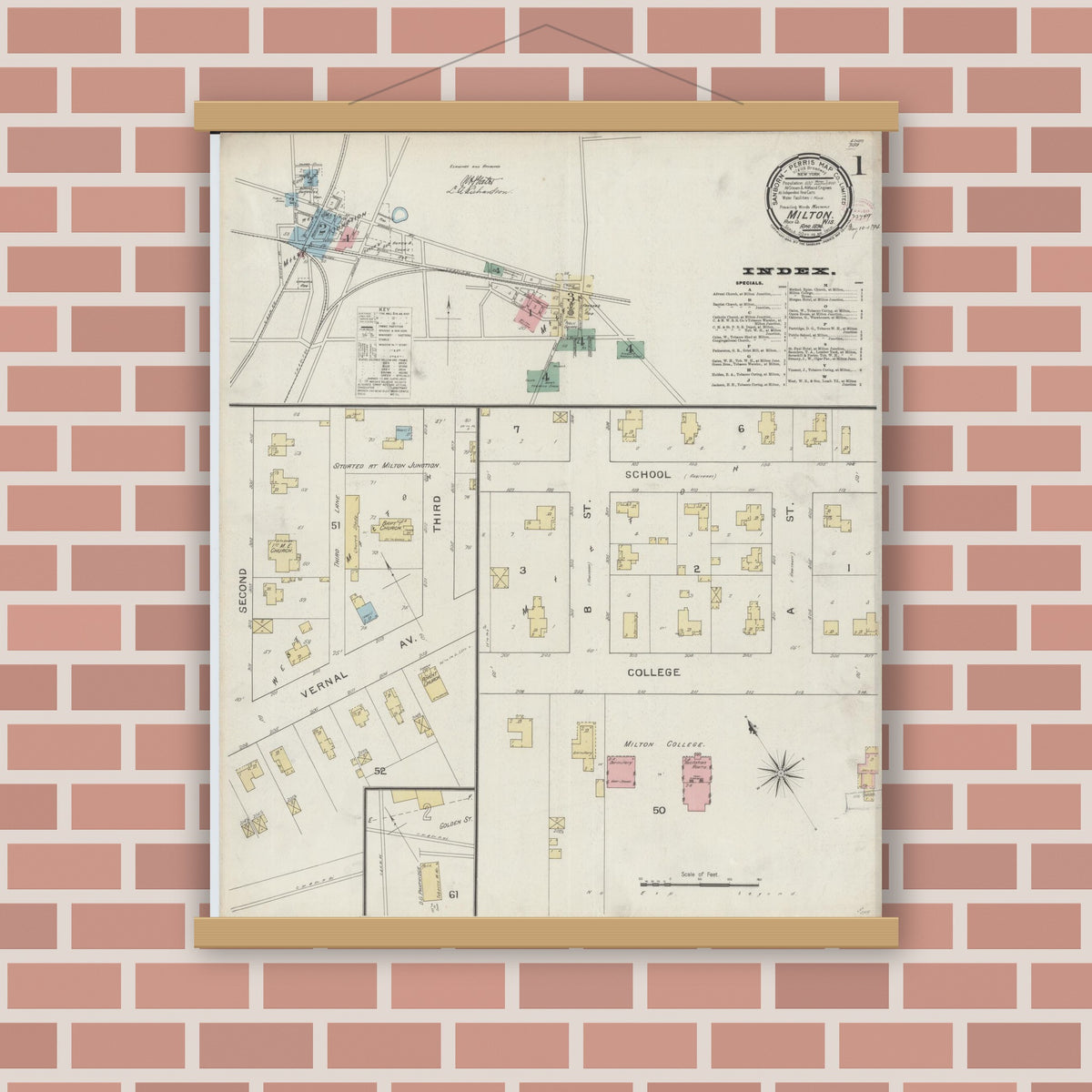Old map wall art mockup — magnetic wood frame on brick wall — Sanborn Fire Insurance Map from Milton, Rock County, Wisconsin (1894) - Complete Map Set