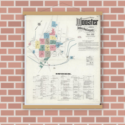Old map wall art mockup — magnetic wood frame on brick wall — Sanborn Fire Insurance Map from Wooster, Wayne County, Ohio (1911), Sheet #0001