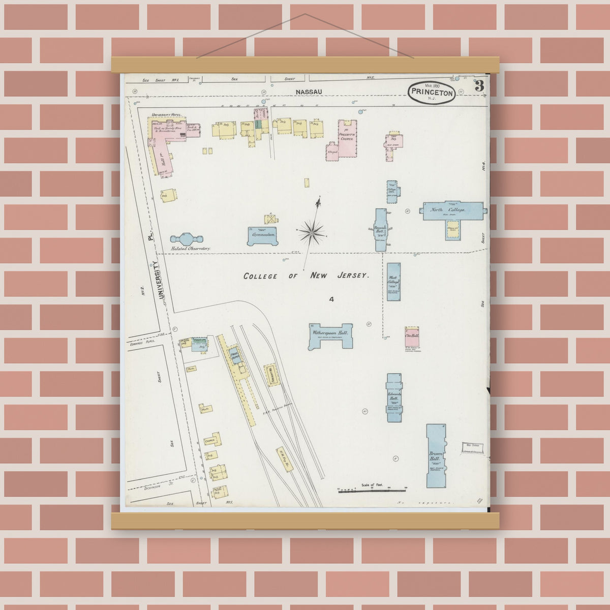 Old map wall art mockup — magnetic wood frame on brick wall — Sanborn Fire Insurance Map from Princeton, Mercer County, New Jersey (1890), Sheet #0003