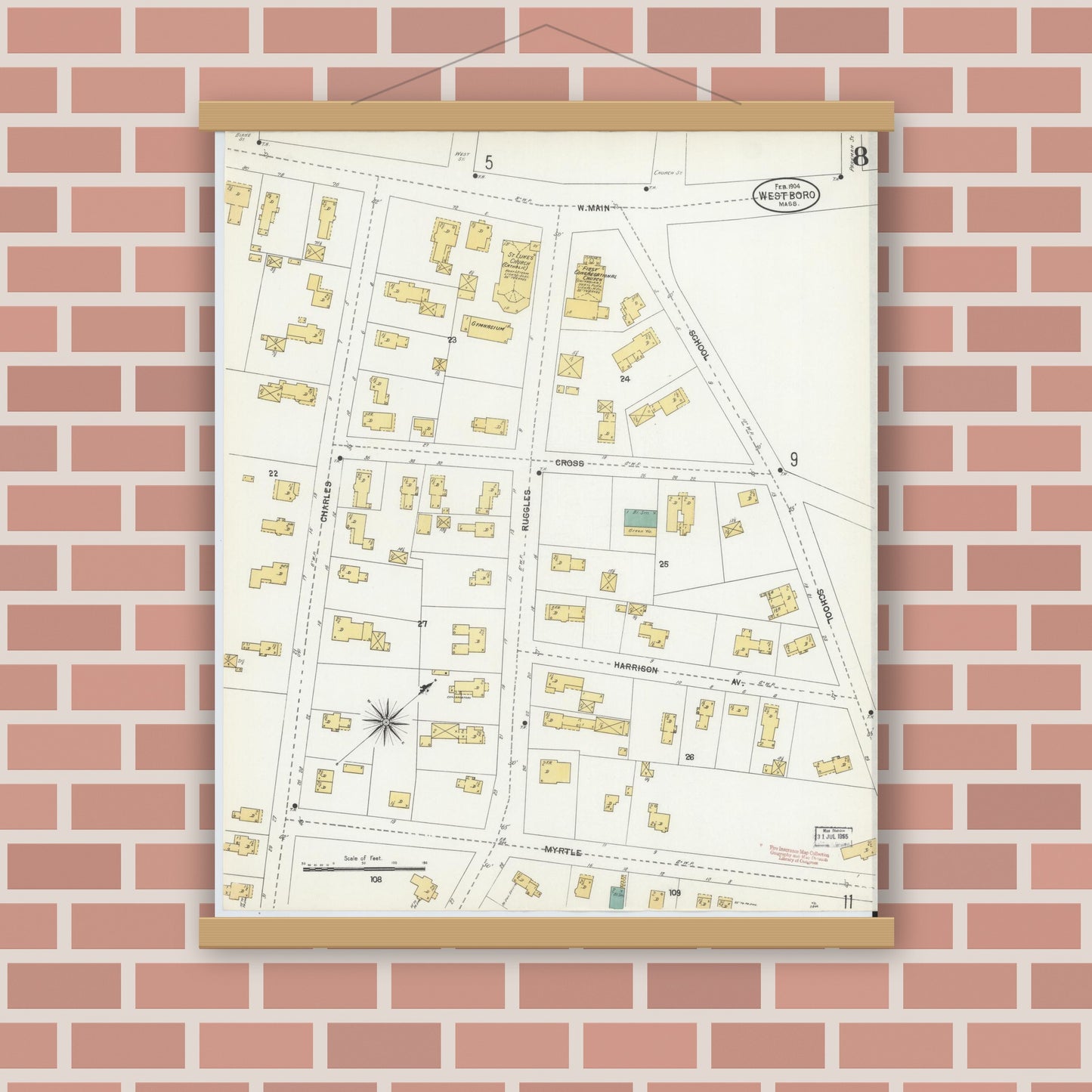 Old map wall art mockup — magnetic wood frame on brick wall — Sanborn Fire Insurance Map from Westboro, Worcester County, Massachusetts (1904), Sheet #0008